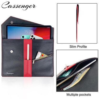 Cassenger Laptop and Tablet Briefcase Leather Shoulder Bag with Adjustable Lanyard Strap,Red-Black