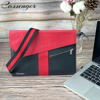 Cassenger Laptop and Tablet Briefcase Leather Shoulder Bag with Adjustable Lanyard Strap,Red-Black