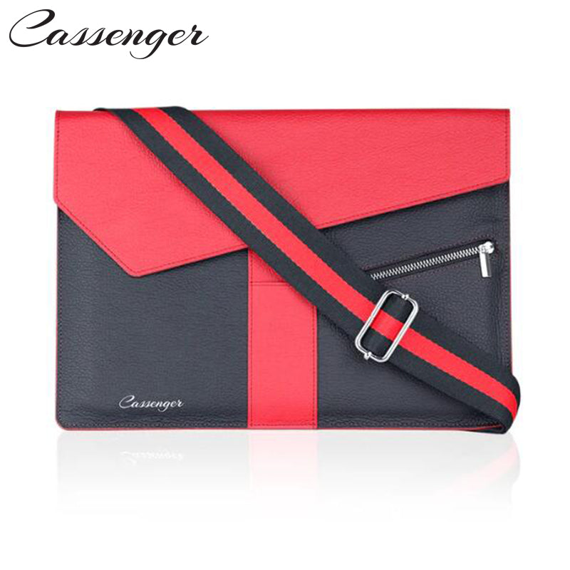 Cassenger Laptop and Tablet Briefcase Leather Shoulder Bag with Adjustable Lanyard Strap,Red-Black