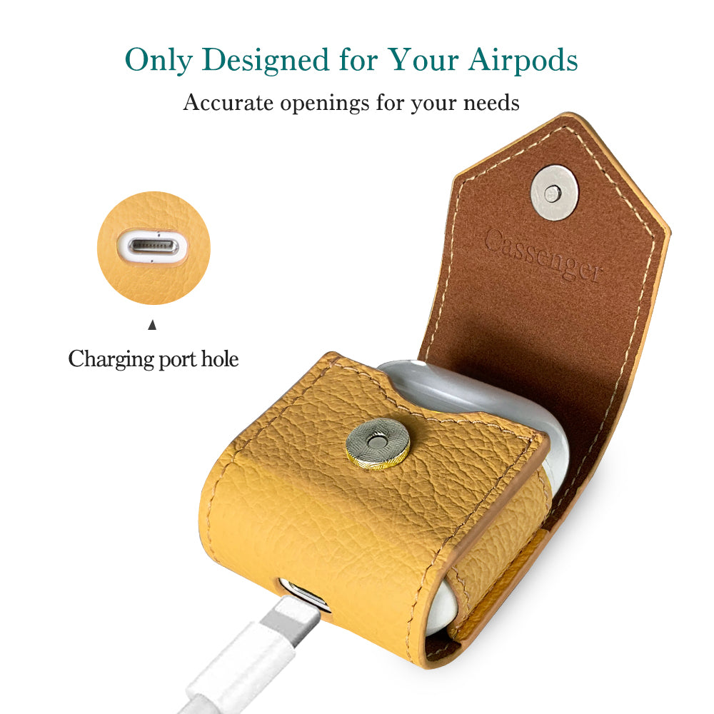 Compatible with Apple Airpods, Cassenger Genuine Italian Leather Magnet Closure Portable Protective Case Cover with Holding Strap