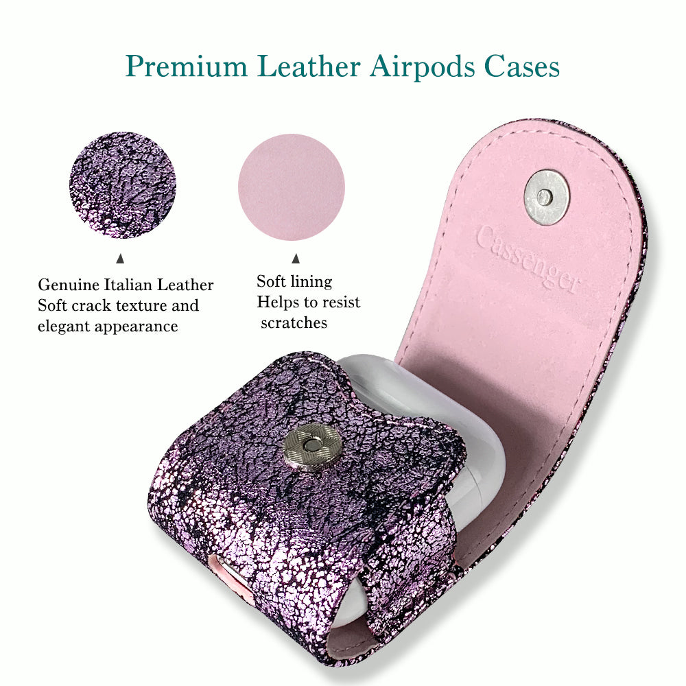 Compatible with Apple Airpods, Cassenger Genuine Italian Leather Graffiti Style Magnet Closure Portable Protective Case Cover with Metal Clasp/Keychain/Leather Cable Strap