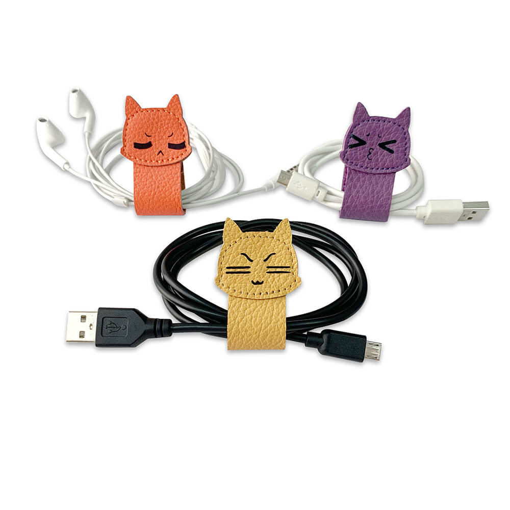 Cassenger 3 Pieces Cat Shaped Leather Cord Keeper Management for USB Cable Headphone Wire,Cable Organizer Snaps with Leather Handmade