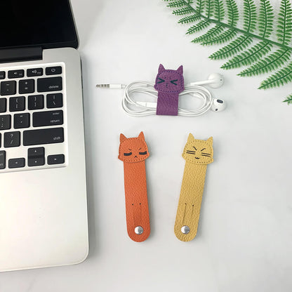 Cassenger 3 Pieces Cat Shaped Leather Cord Keeper Management for USB Cable Headphone Wire,Cable Organizer Snaps with Leather Handmade