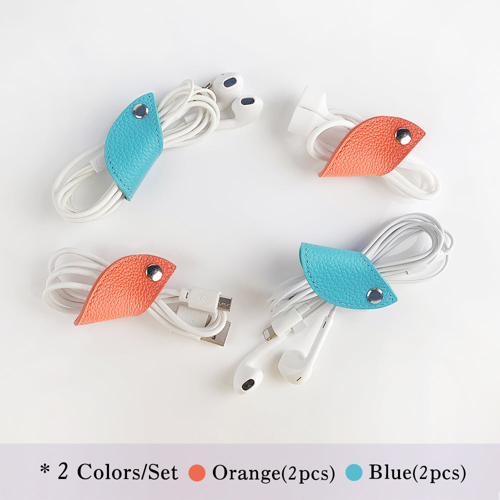 Cassenger Cord Keeper Management 4-Pack for Earbud Cable Organizer USB Cable Clips Genuine Leather - Orange/Blue