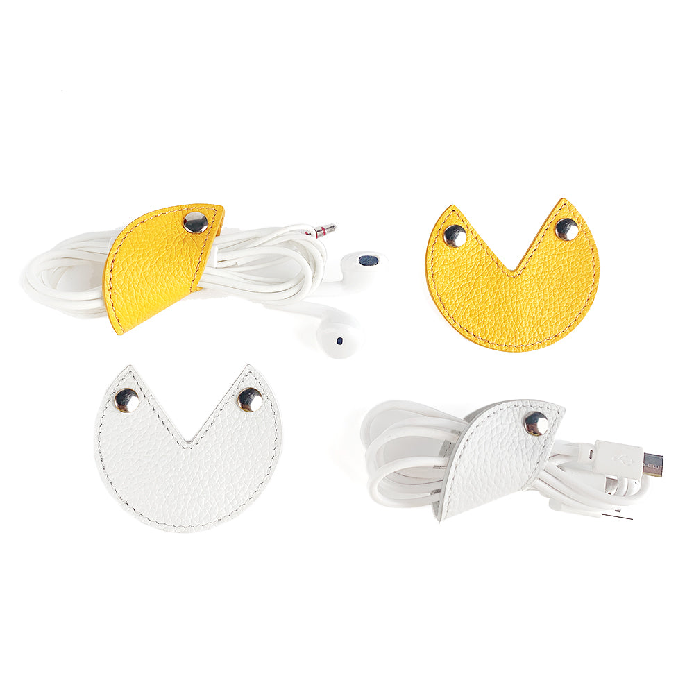 Cassenger Cord Keeper Management 4-Pack for Earbud Cable Organizer USB Cable Clips Genuine Leather - Yellow/White