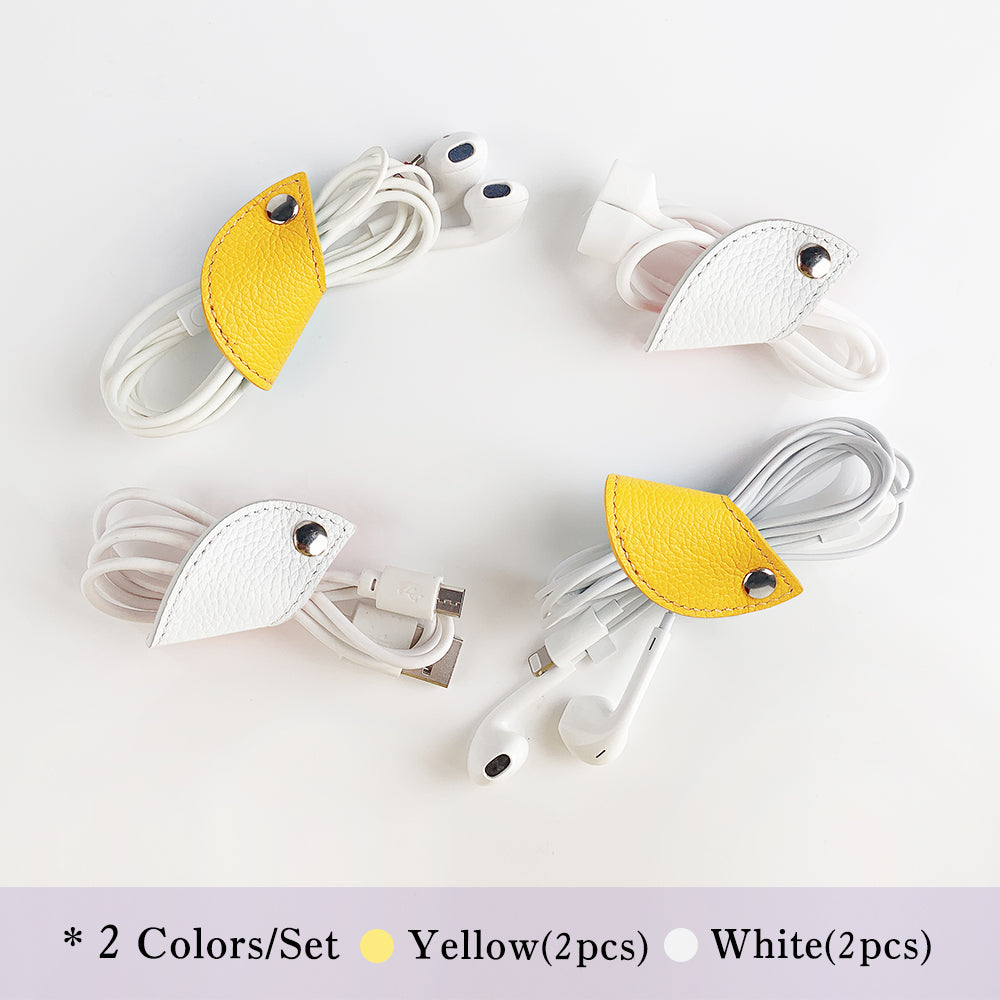 Cassenger Cord Keeper Management 4-Pack for Earbud Cable Organizer USB Cable Clips Genuine Leather - Yellow/White