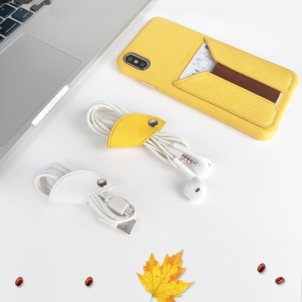 Cassenger Cord Keeper Management 4-Pack for Earbud Cable Organizer USB Cable Clips Genuine Leather - Yellow/White