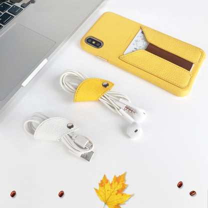 Cassenger Cord Keeper Management 4-Pack for Earbud Cable Organizer USB Cable Clips Genuine Leather - Yellow/White